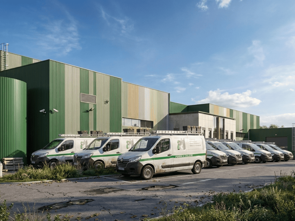 Camions d’intervention stationnés devant un bâtiment industriel moderne.